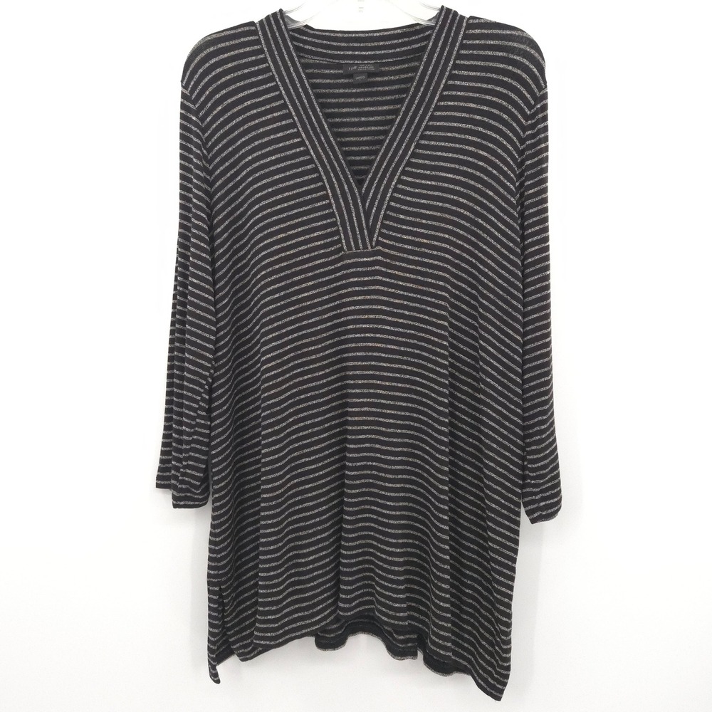 J. Jill Wearever Tunic Top Women L Black Striped V-Neck Long Sleeve Side Vent